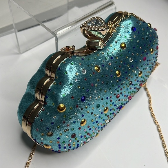 Damara Hardshell Evening Teal Metallic Geometric Clutch Shoulder Bag - New - Picture 3 of 12